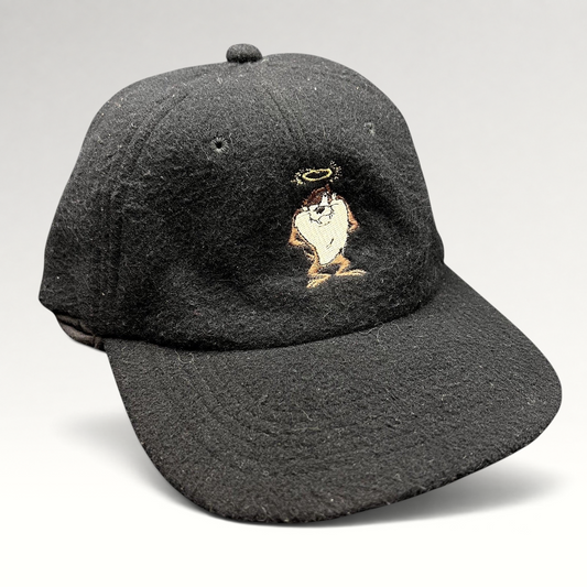 Raree Finds vintage 1995 black wool snapback hat featuring an embroidered Tasmanian Devil Taz character with a halo.