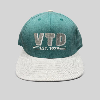 Raree Finds vintage teal and gray VTD snapback hat with embroidered logo and adjustable closure