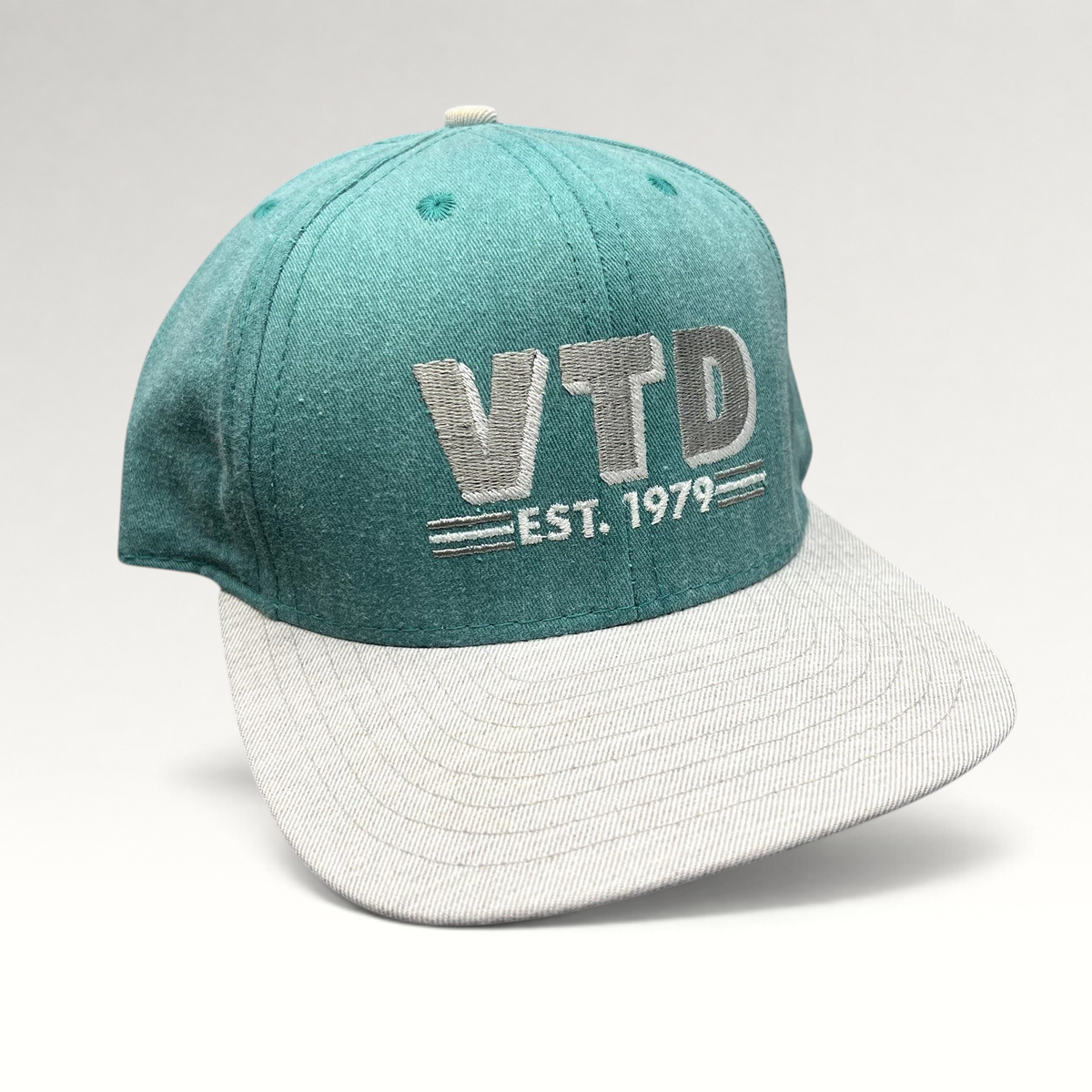 Raree Finds vintage teal and gray California Headwear snapback hat with VTD EST. 1979 embroidered logo