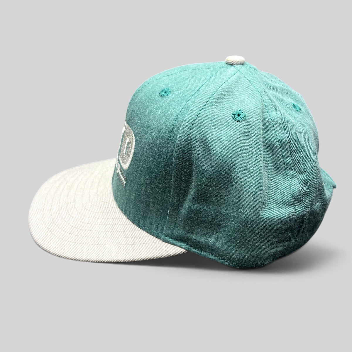 Raree Finds vintage teal and gray California Headwear snapback hat with VTD embroidered logo and structured crown.