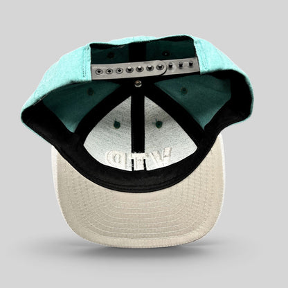 Raree Finds vintage California Headwear teal and gray snapback hat with adjustable closure and interior brim detail