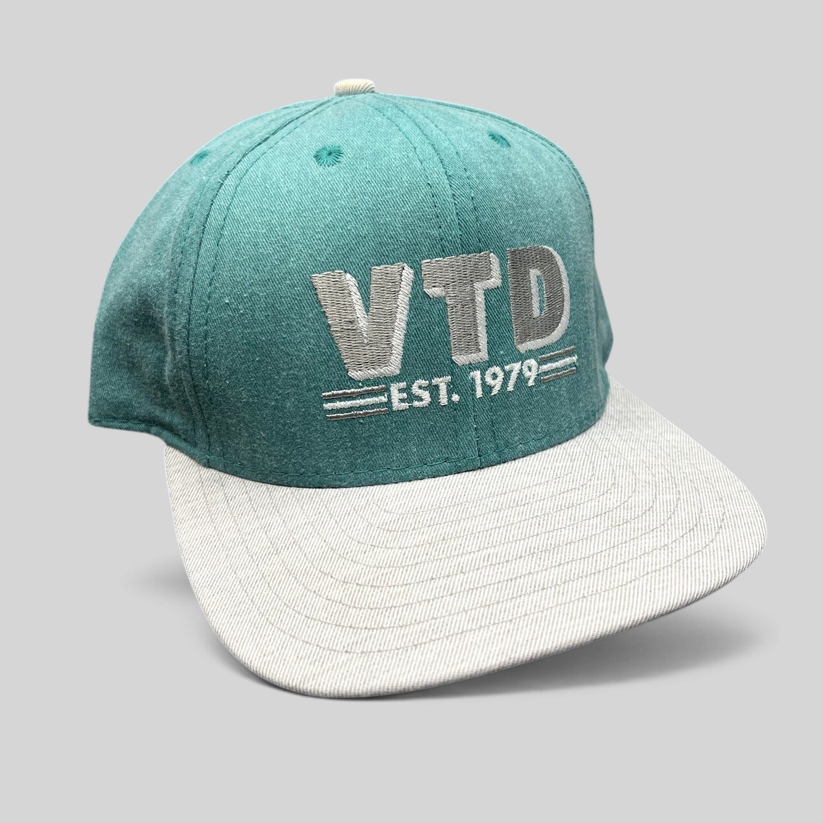 Raree Finds vintage teal and gray California Headwear snapback hat with VTD EST. 1979 embroidered logo