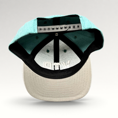 Raree Finds vintage California Headwear teal and gray snapback hat showing the interior adjustable strap and brim