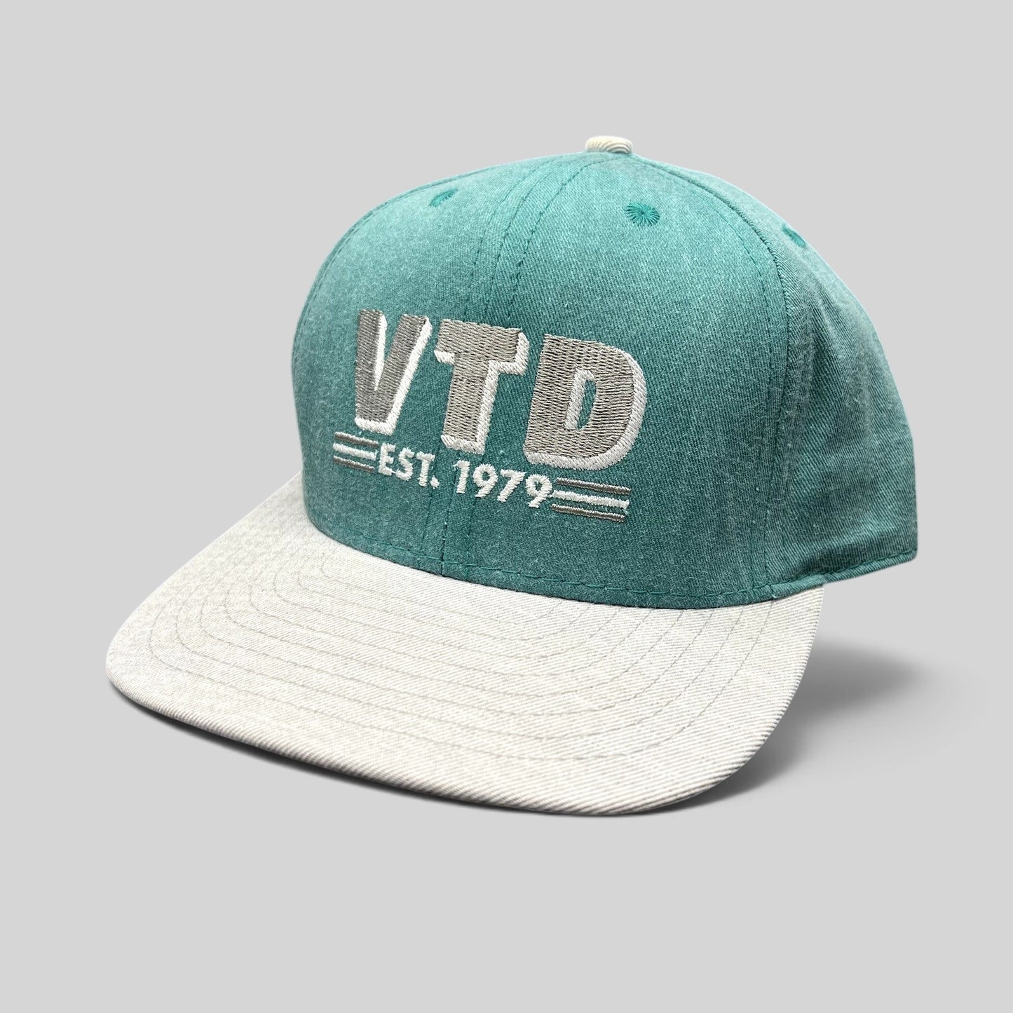 Raree Finds vintage California Headwear teal and gray snapback hat with embroidered VTD EST. 1979 logo