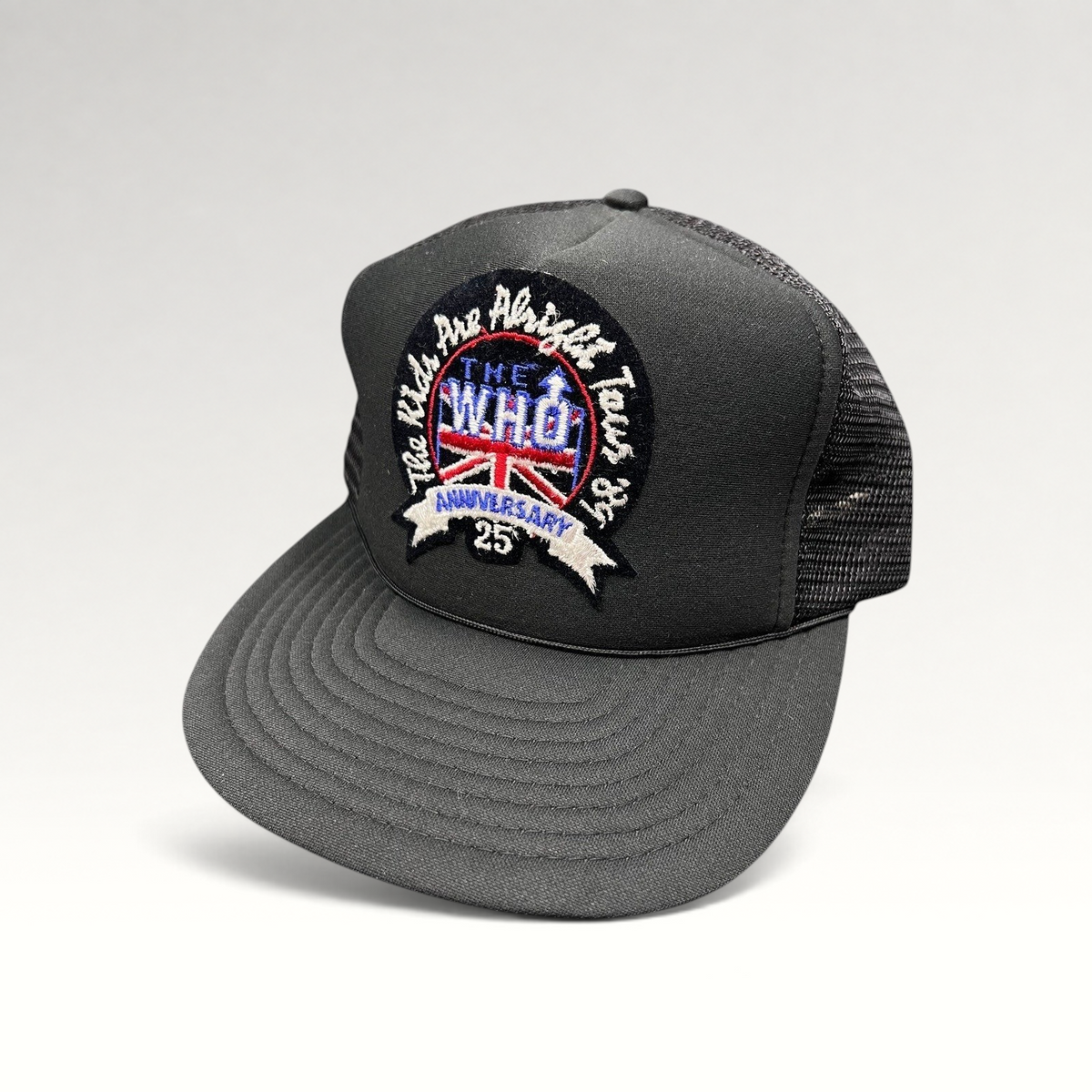 Raree Finds vintage 1989 The Who 25th Anniversary Tour black foam trucker hat with Union Jack embroidered patch