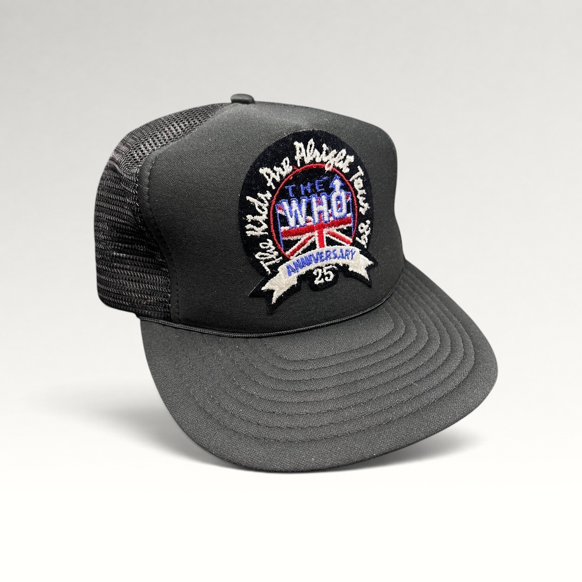 Raree Finds vintage 1989 The Who 25th Anniversary tour trucker hat with black foam front, mesh back, and embroidery.