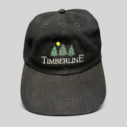 Raree Finds vintage 1990s black Timberline strapback hat with embroidered green pine trees and yellow sun logo