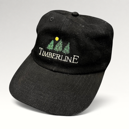 Raree Finds vintage 1990s black Timberline strapback hat with embroidered tree logo and yellow sun detail