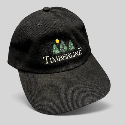 Raree Finds vintage 1990s black Timberline strapback dad hat with embroidered green pine trees and yellow sun logo