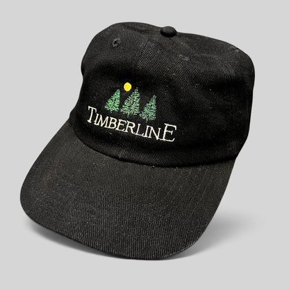 Raree Finds vintage 1990s black Timberline strapback dad hat with embroidered tree logo and restaurant branding