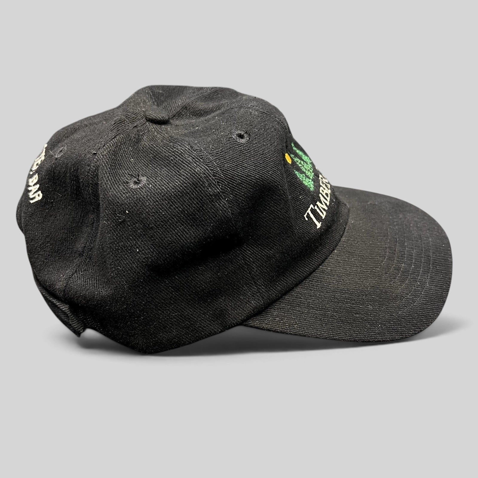 Raree Finds vintage 1990s black Timberline strapback hat with embroidered Butch’s Lobster Bar restaurant branding