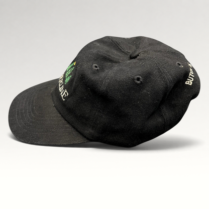 Raree Finds vintage 1990s black Timberline strapback hat with Butch’s Lobster Bar embroidery and adjustable closure.