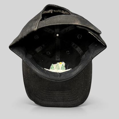 Raree Finds vintage 1990s black Timberline strapback hat showing the interior construction and embroidered logo