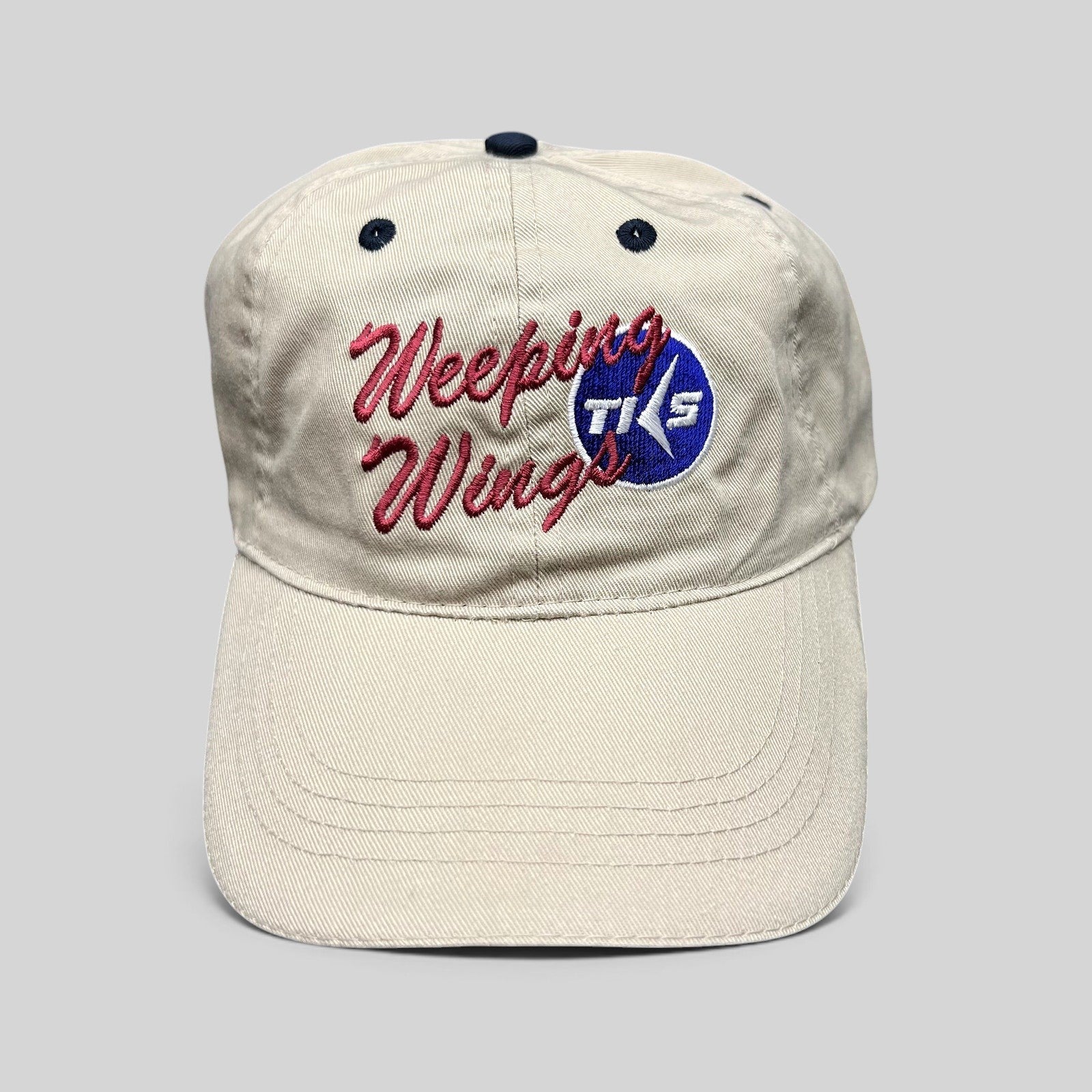 Raree Finds vintage khaki cotton strapback hat with embroidered Weeping Wing TKS aviation logo on the front