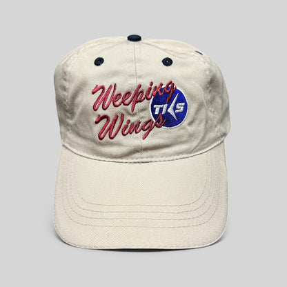 Raree Finds vintage khaki cotton strapback hat with embroidered Weeping Wing TKS aviation logo on the front