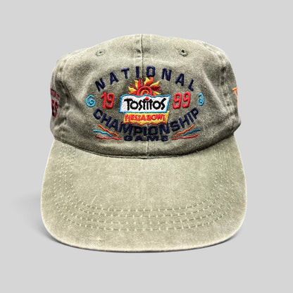 Raree Finds vintage 1999 Tostitos Fiesta Bowl olive green cotton strapback hat with multi-color embroidered graphics.