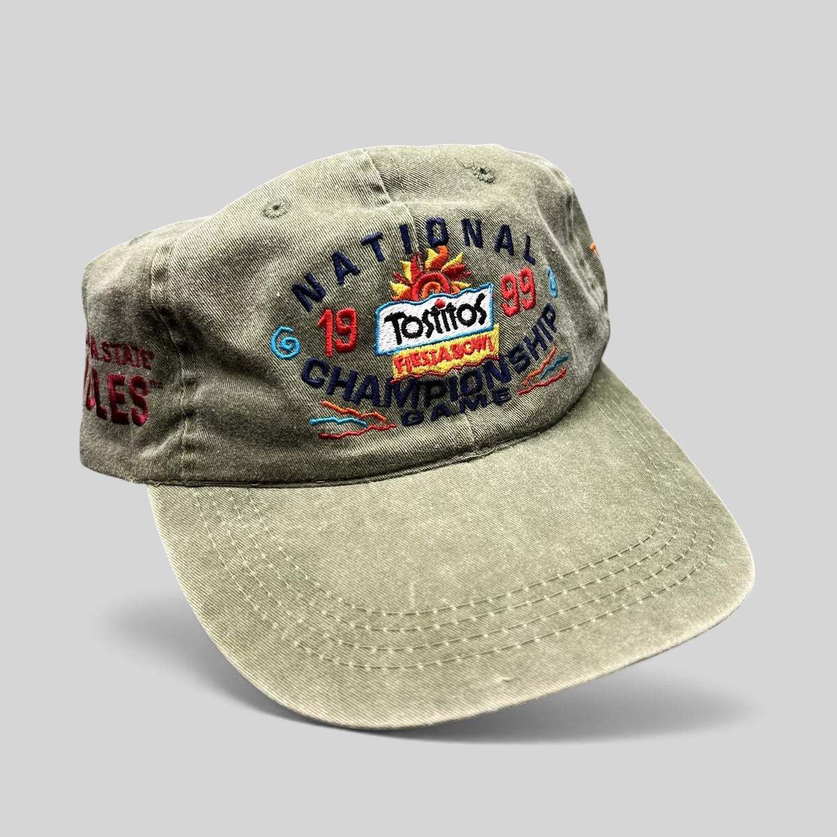 Raree Finds vintage 1999 Tostitos Fiesta Bowl olive green cotton strapback hat with embroidered championship graphics