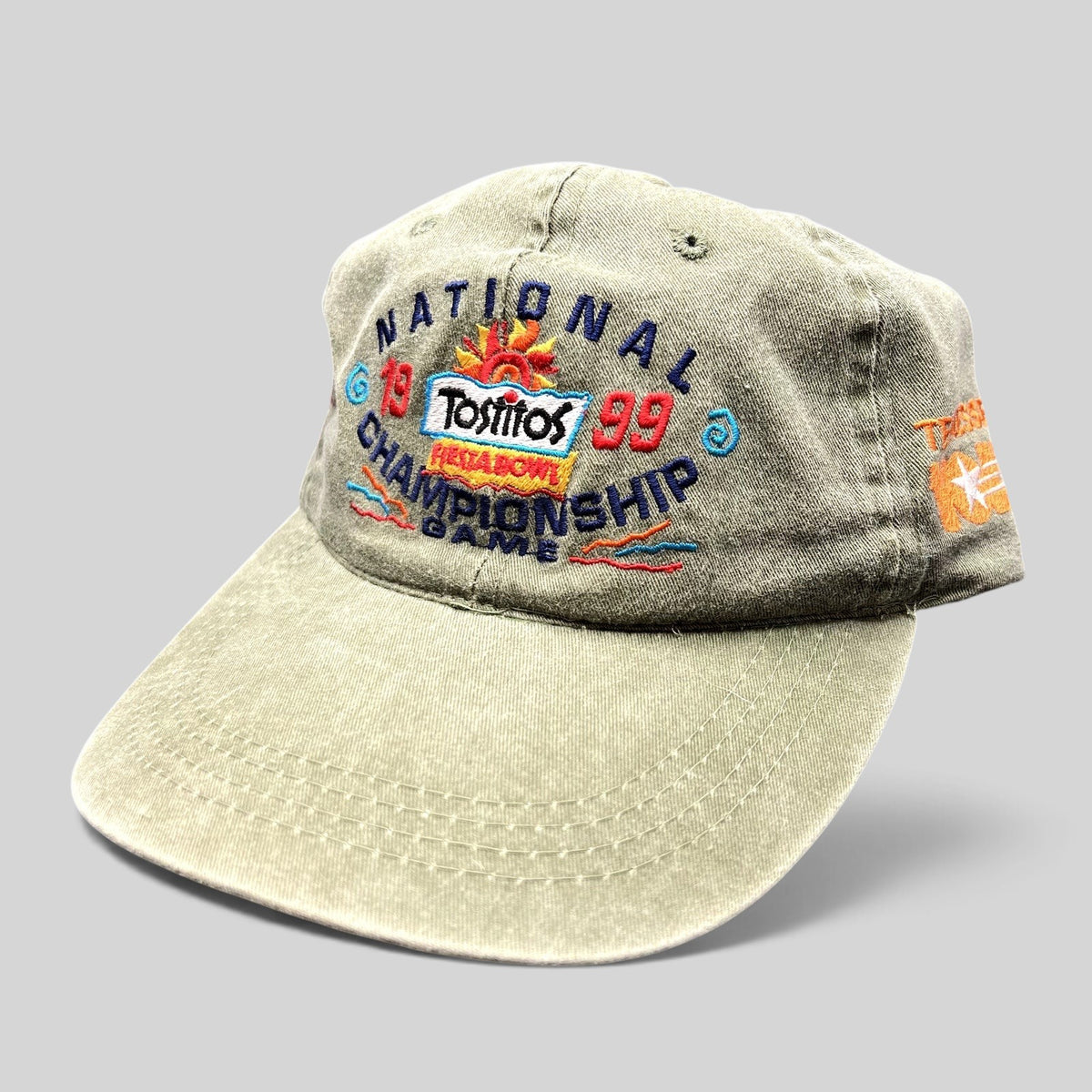 Raree Finds vintage 1999 Tostitos Fiesta Bowl olive green cotton strapback hat with embroidered championship graphics