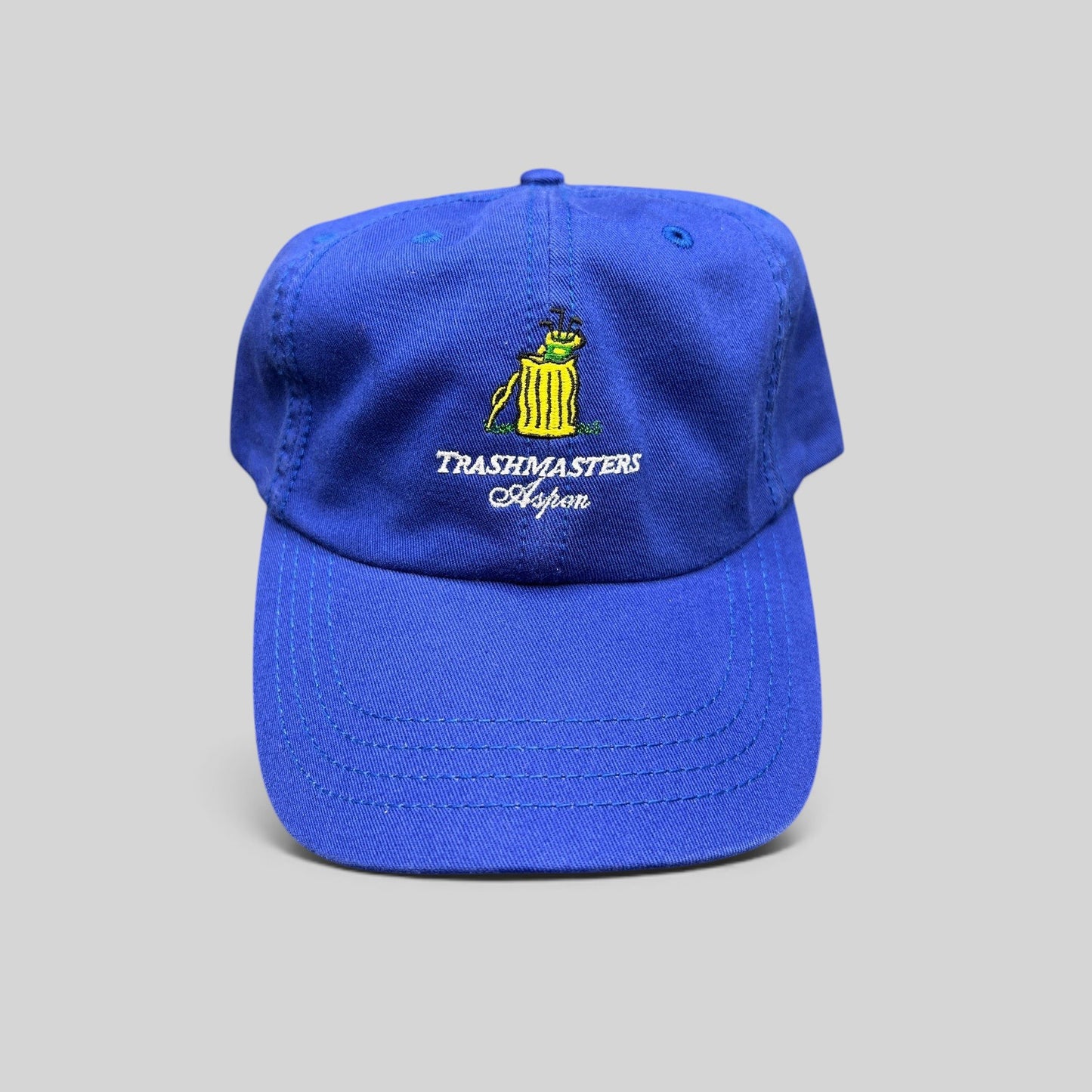 Raree Finds vintage royal blue American Dry Goods Trashmasters Aspen golf hat with embroidered trash can logo
