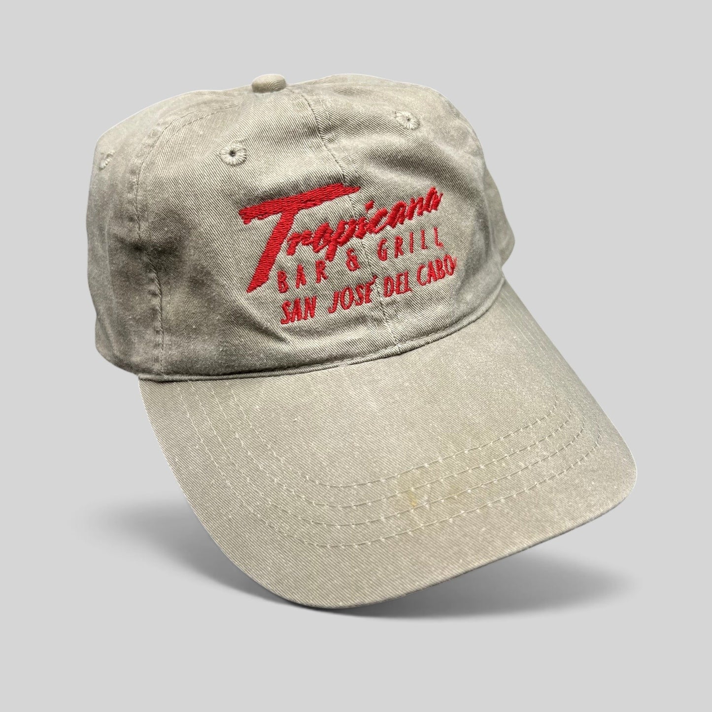 Raree Finds vintage khaki cotton strapback hat with red Tropicana Bar & Grill San Jose Del Cabo embroidery
