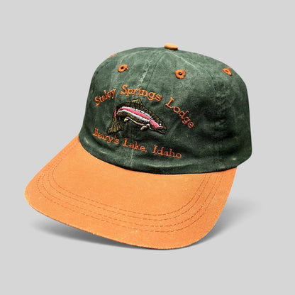 Raree Finds vintage two-tone green and orange strapback fishing hat with embroidered trout and Staley Springs Lodge