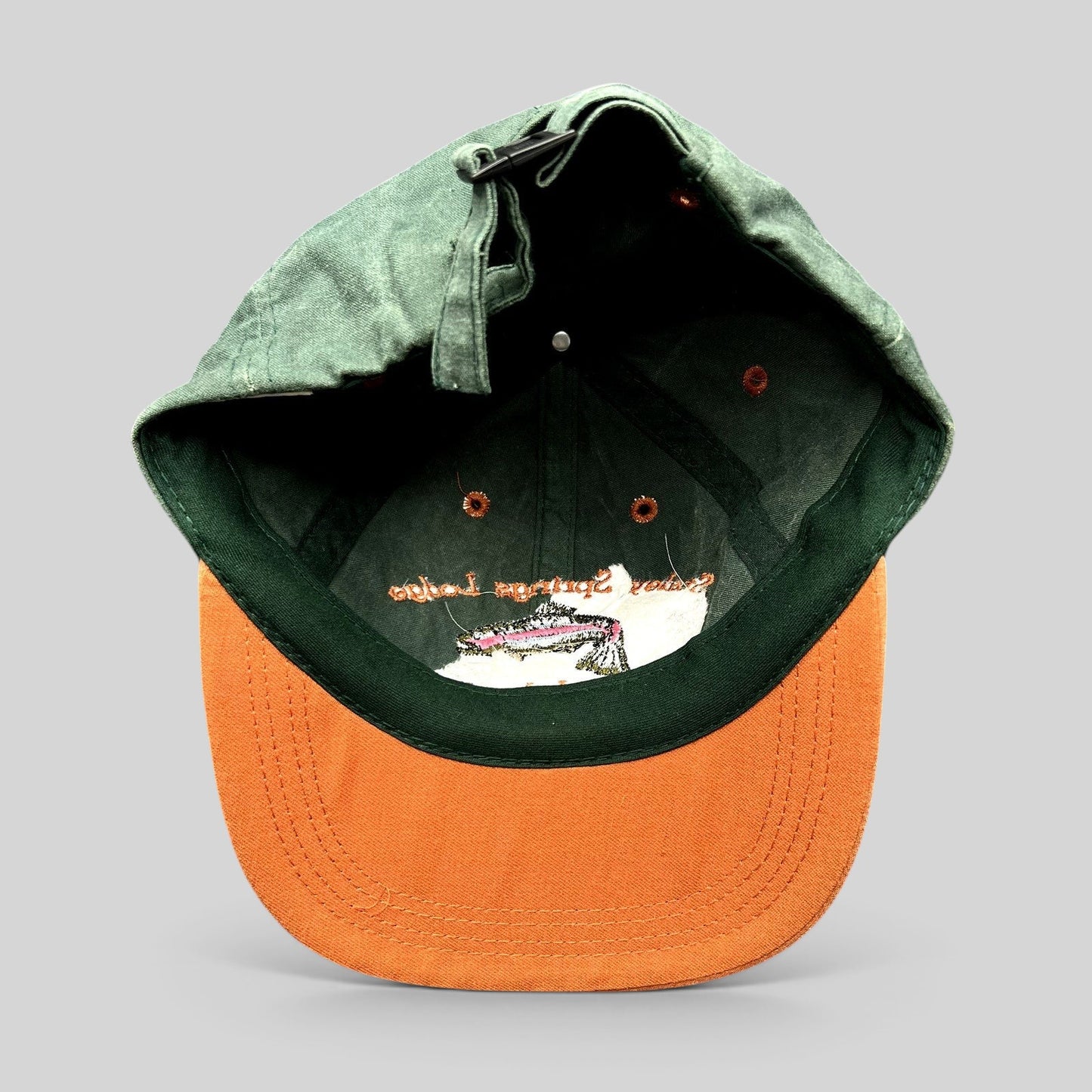 Raree Finds vintage two-tone green and orange Staley Springs Lodge fishing hat with embroidered trout detail