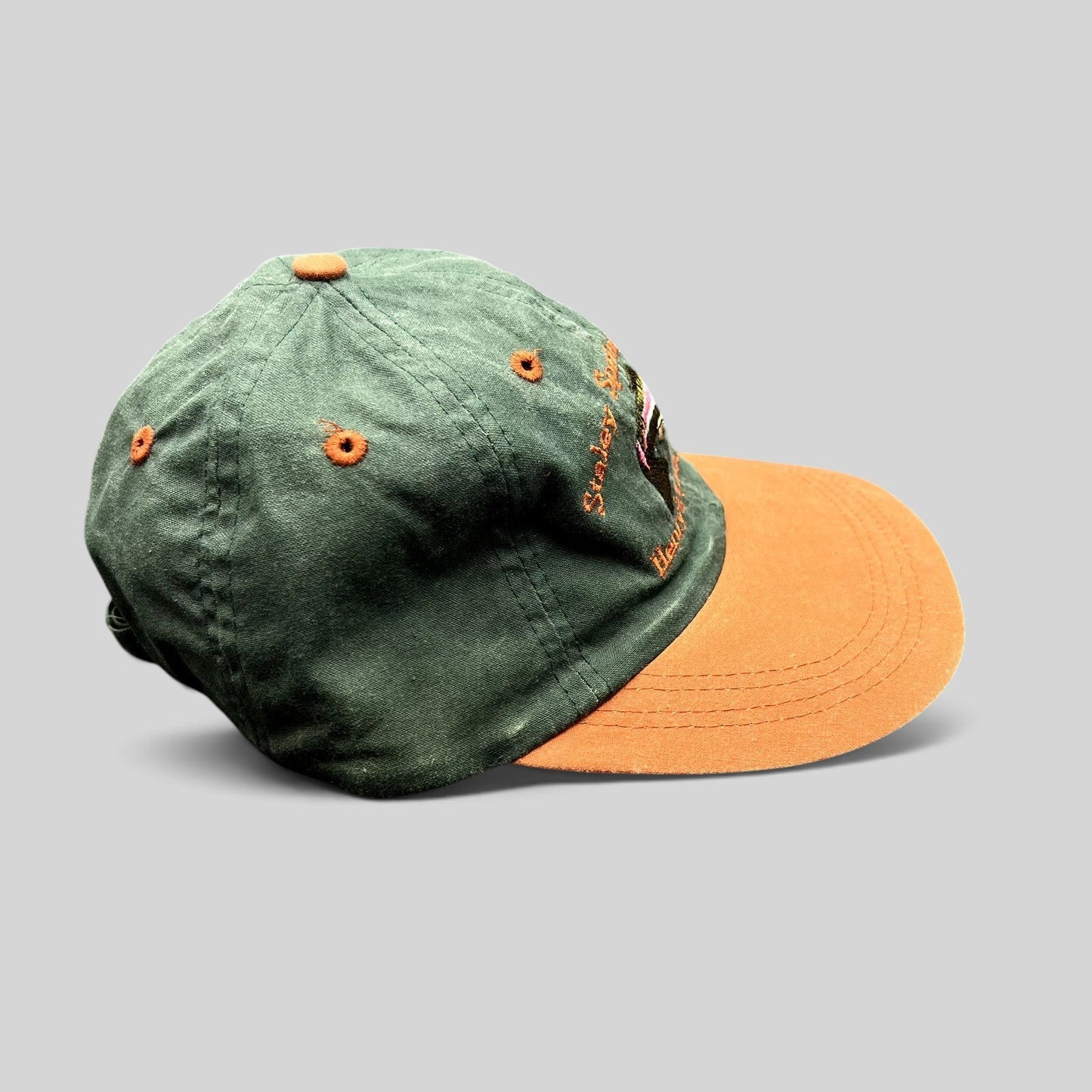 Raree Finds vintage two-tone green and brown strapback fishing hat with Staley Springs Lodge trout embroidery