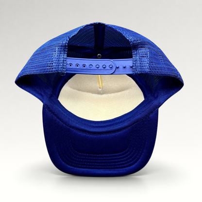 Raree Finds vintage Marlin Masters trucker hat showing the blue mesh back and adjustable plastic snapback closure.