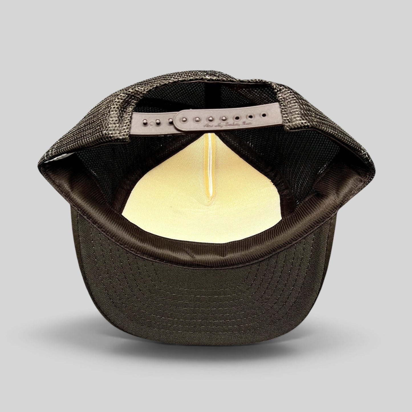 Raree Finds vintage Party Patrol trucker hat showing the brown mesh back, snapback closure, and curved brim.