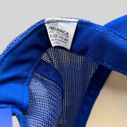 Raree Finds vintage trucker hat interior label showing Polerica branding, polyester material, and Taiwan origin