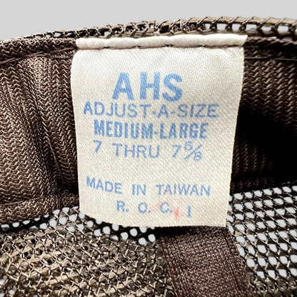 Raree Finds vintage AHS Adjust-A-Size trucker hat interior label showing size and manufacturing details