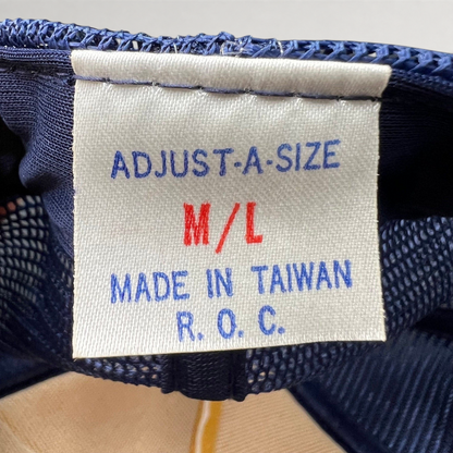 Raree Finds vintage trucker hat interior tag showing size M/L and Made in Taiwan R.O.C. production details