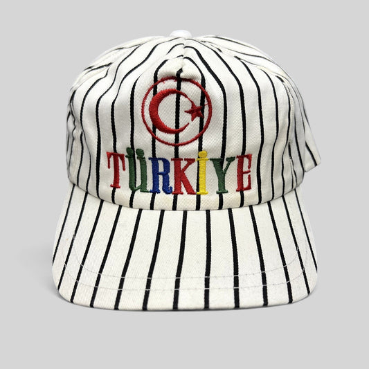 Raree Finds vintage Turkey snapback hat with white pinstripe crown, multicolor TURKIYE embroidery, and crescent logo.