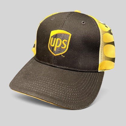 Raree Finds vintage brown and yellow UPS strapback hat with embroidered logo and flame side panel graphics