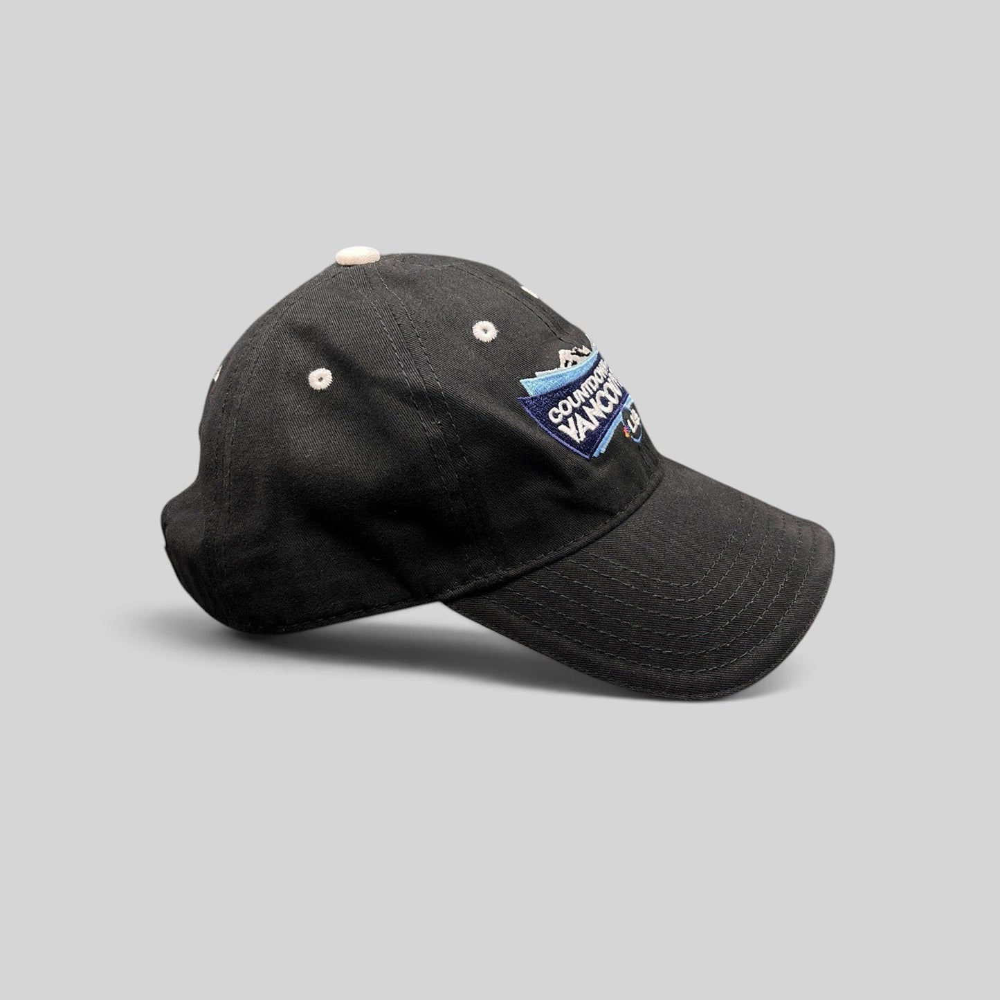 Raree Finds vintage black cotton US Ski Team Vancouver countdown strapback hat with embroidered mountain graphic