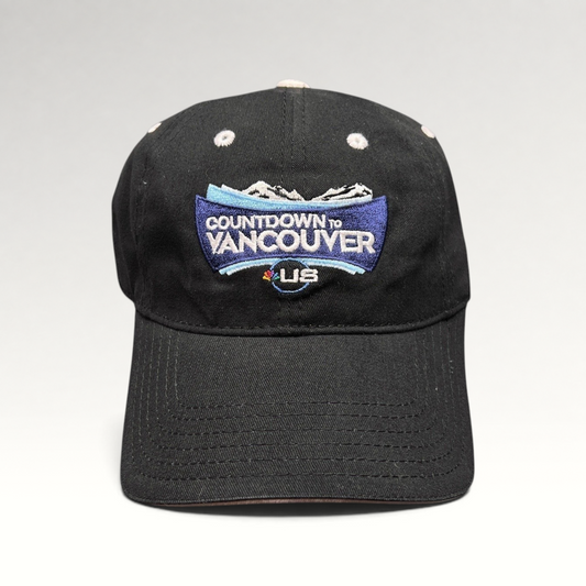 Raree Finds vintage black cotton US Ski Team Countdown to Vancouver hat with embroidered mountain graphic