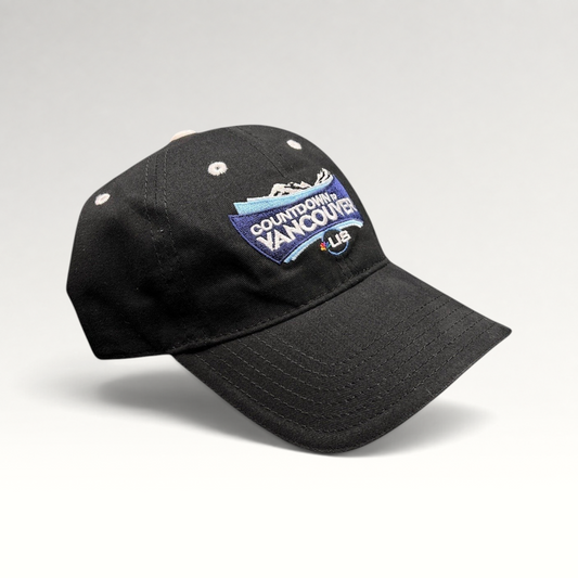 Raree Finds vintage black cotton US Ski Team Vancouver countdown strapback hat with embroidered mountain graphic