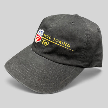 Raree Finds vintage 2006 USA Ski Team Torino Olympics black cotton strapback hat with gold embroidered team logo