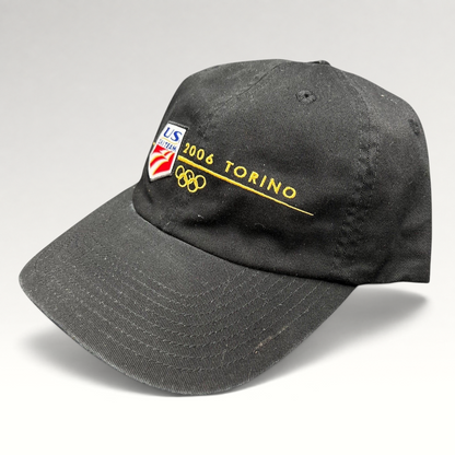 Raree Finds vintage 2006 USA Ski Team Torino Olympics black cotton strapback hat with gold embroidered team logo