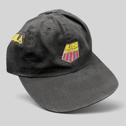 Raree Finds vintage 90s black USA Ski Team snapback hat with embroidered shield logo and BULA side branding