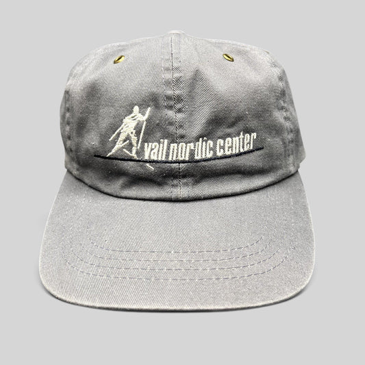 Raree Finds vintage gray cotton strapback hat with embroidered Vail Nordic Center skier logo and brass eyelets