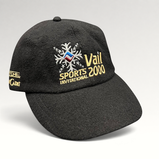 Raree Finds vintage black wool strapback hat with Vail Sports Invitational 2000 snowflake embroidery