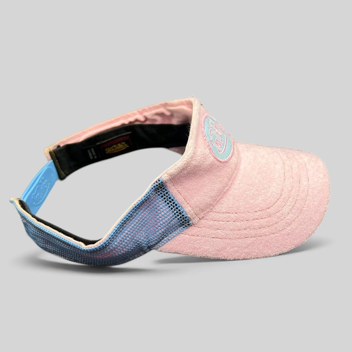 Raree Finds vintage Y2K Von Dutch pink terry cloth visor with blue mesh back and oval logo patch