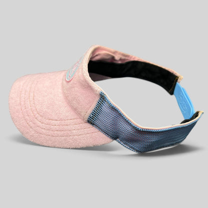 Raree Finds vintage Y2K Von Dutch pink terry cloth visor with blue mesh side panels and adjustable strapback closure.