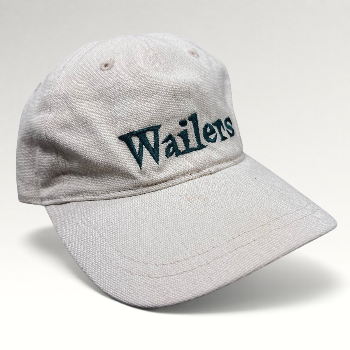 Raree Finds vintage 90s Wailers reggae strapback hat in off-white cotton canvas with dark green embroidered logo