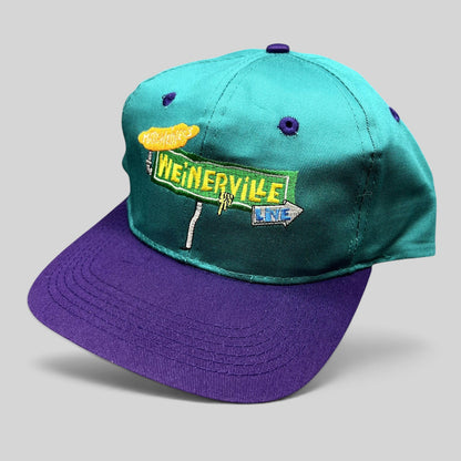Raree Finds vintage 90s Nickelodeon Weinerville snapback hat in teal and purple with embroidered street sign logo