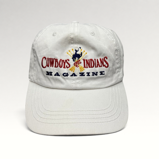 Raree Finds vintage white cotton Cowboys & Indians Magazine strapback hat with embroidered bronc rider logo