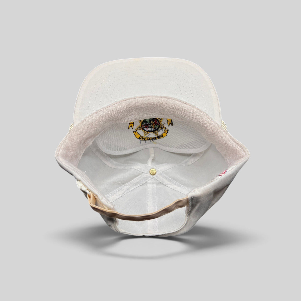 Raree Finds vintage white Otto snapback hat with California State Parole emblem and braided rope detail, interior view