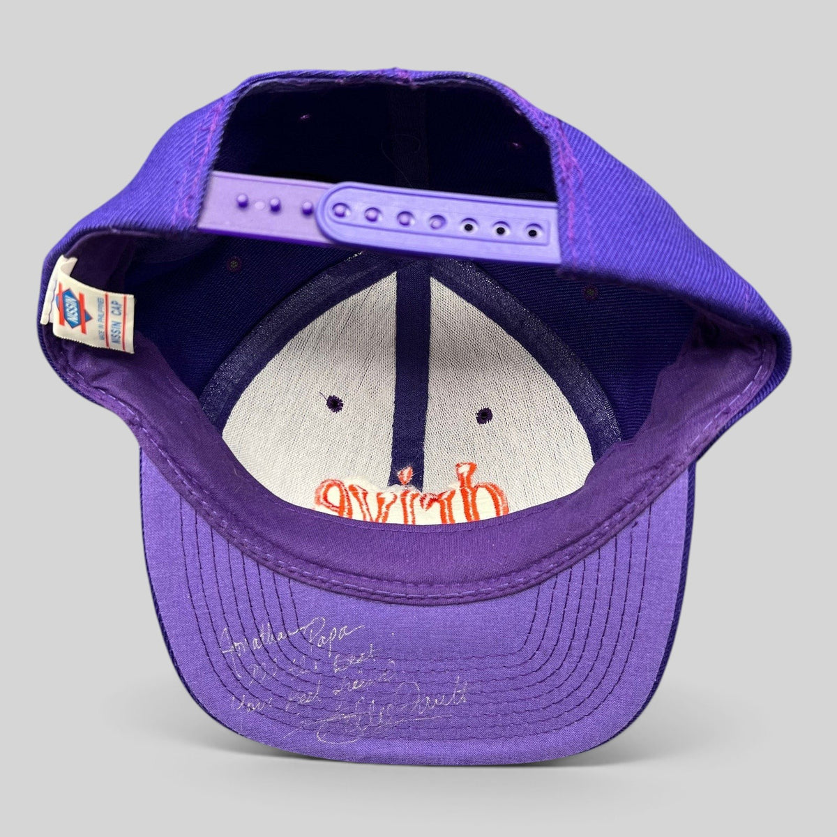 Raree Finds vintage 90s purple Nissin snapback hat with Willie Gault signature on the underside of the brim