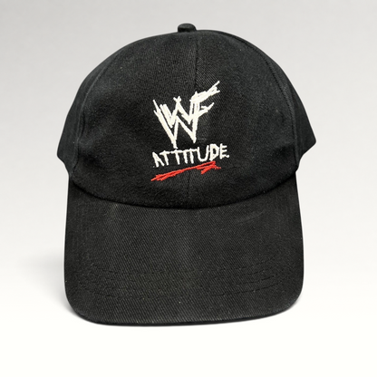 Raree Finds vintage black WWF Attitude Era snapback hat with white scratch logo and red embroidery detail